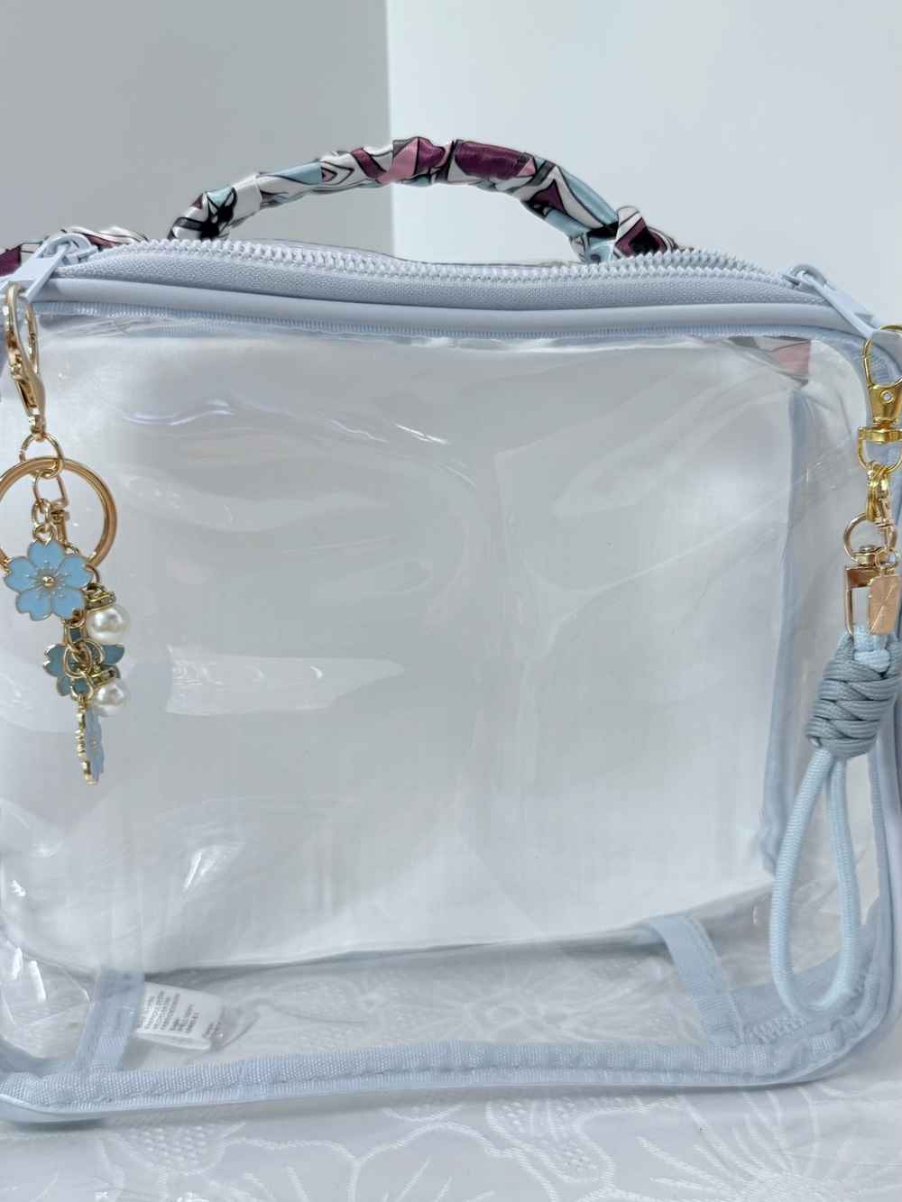 Clear Cosmetic bag  with Light Blue Trim and Floral Charm